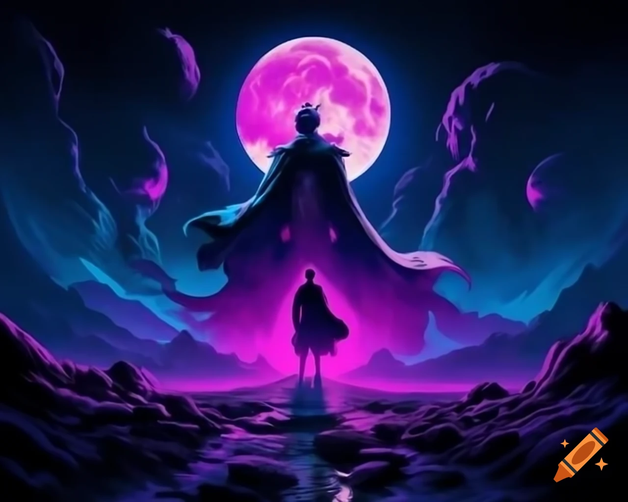 Surreal fantasy illustration with neon colors and full moon, poster style