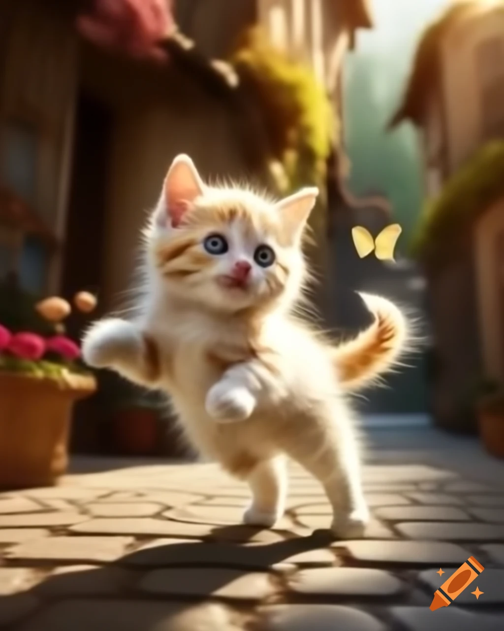 Fluffy white kitten named Luna leaping to chase a golden butterfly in a quaint village