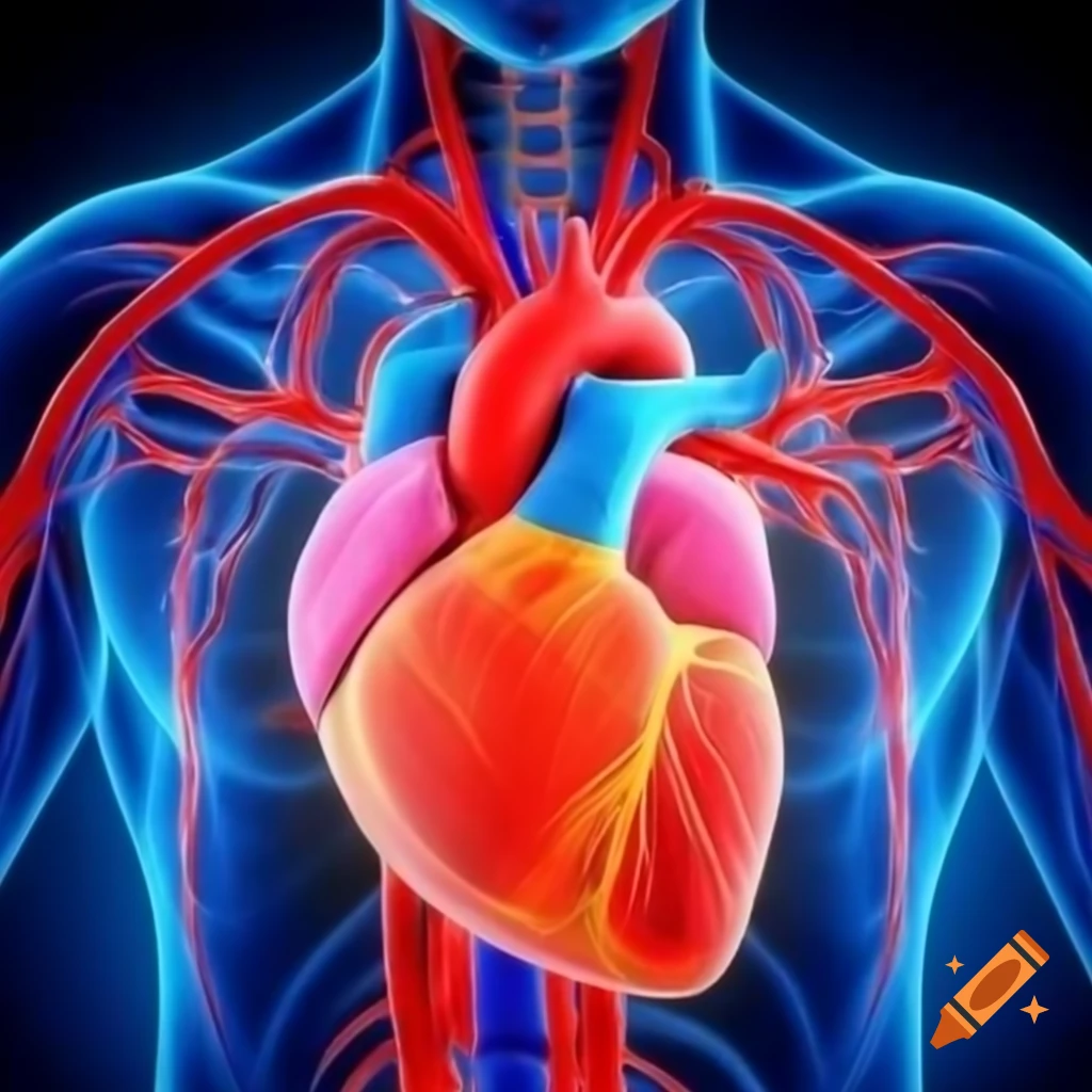Detailed schematic of anatomical heart with coronary arteries and circulatory channels