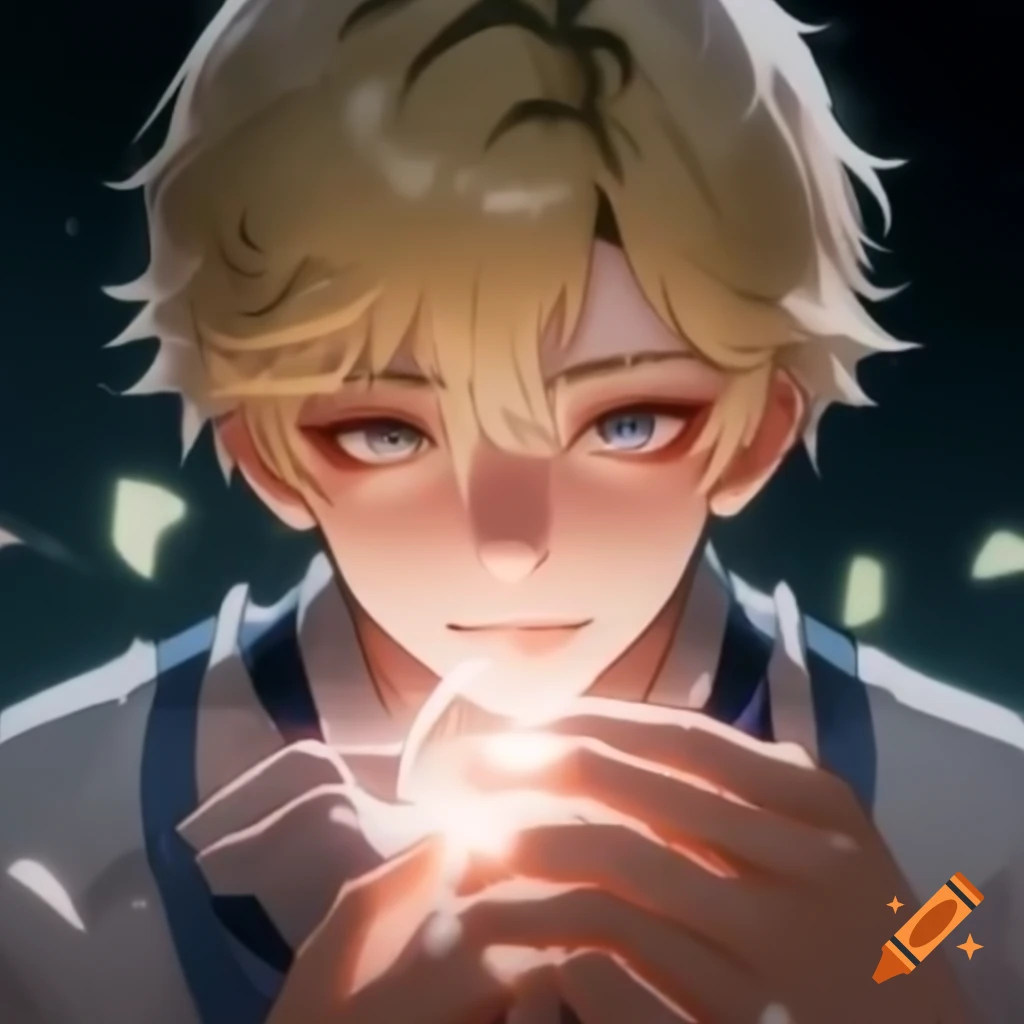 Anime character with short wavy blonde hair and glowing outline, wearing comfortable clothes