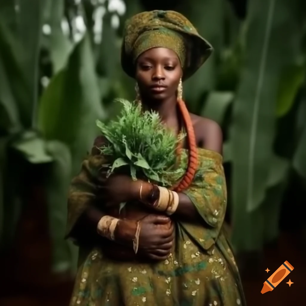 African Yoruba queen surrounded by plants
