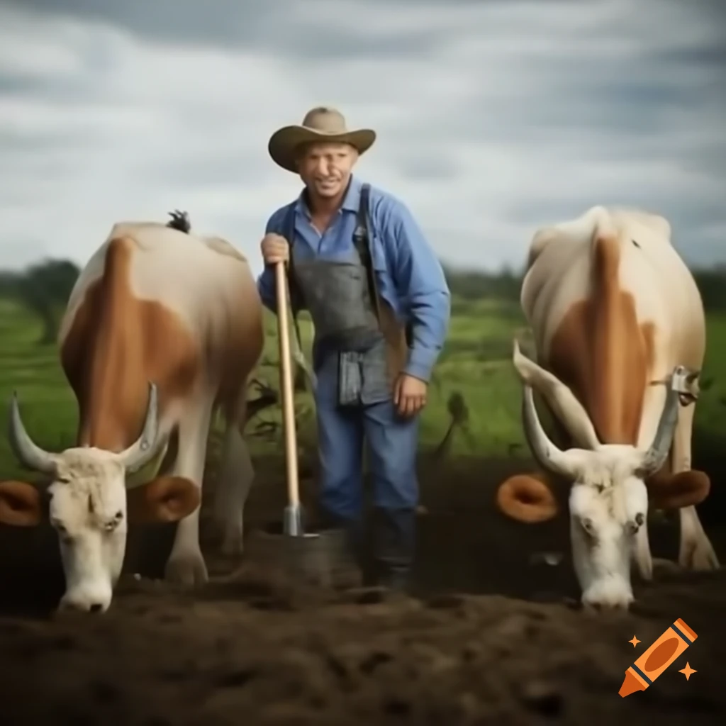 Farmer working in fields with bullock grazing nearby