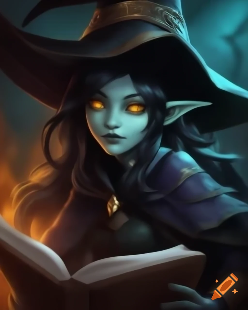 Undead female elf necromancer with dark wizard hat and cyan flames
