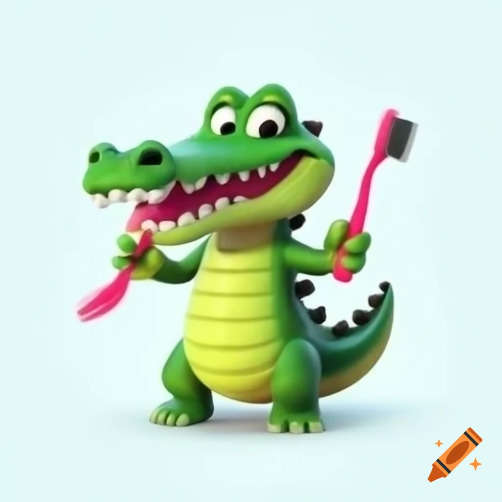 Cute comic crocodile laughing with toothbrush on white background