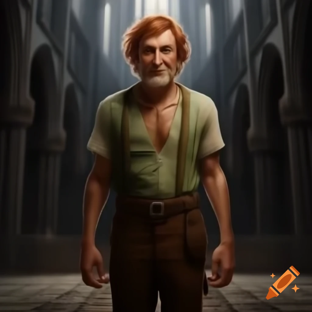 Kind-hearted man with a hunched back standing in front of a grand cathedral