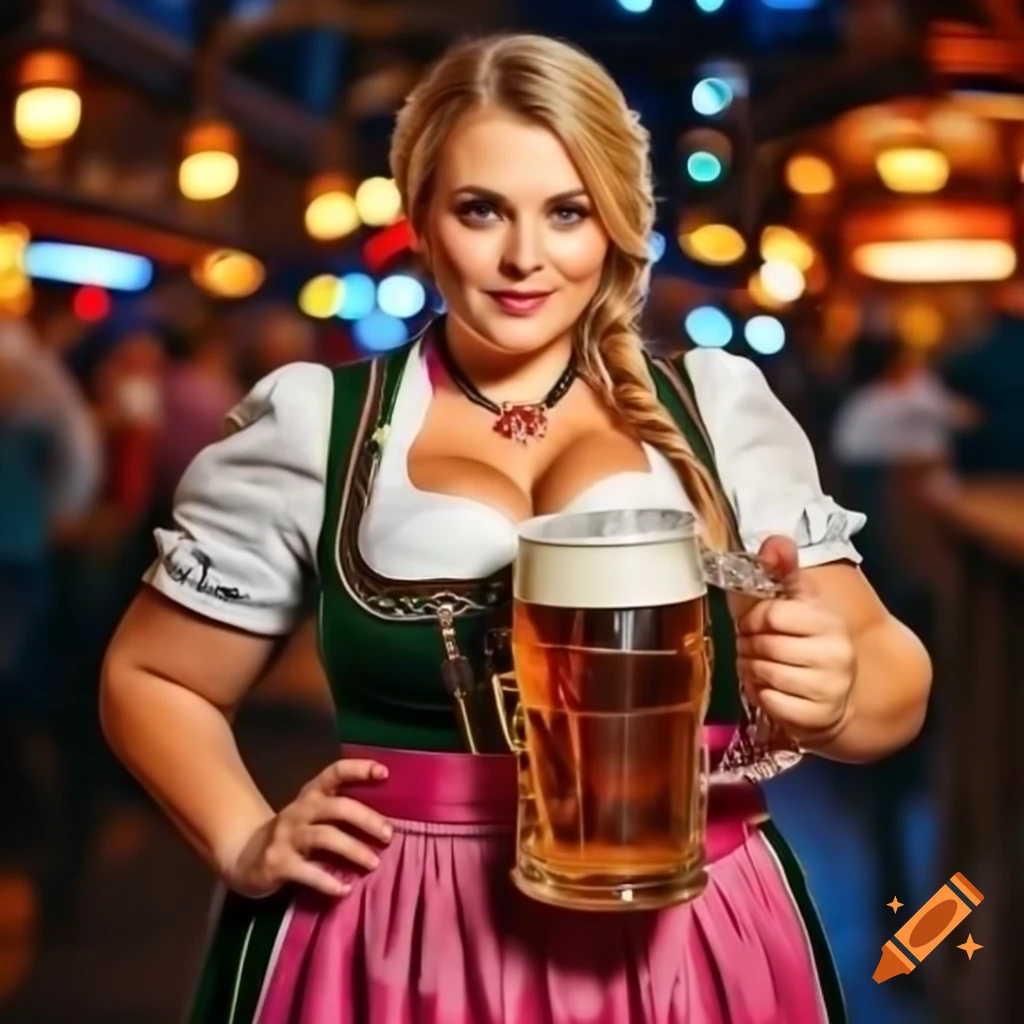 Plus sized woman in traditional oktoberfest attire holding beer on craiyon
