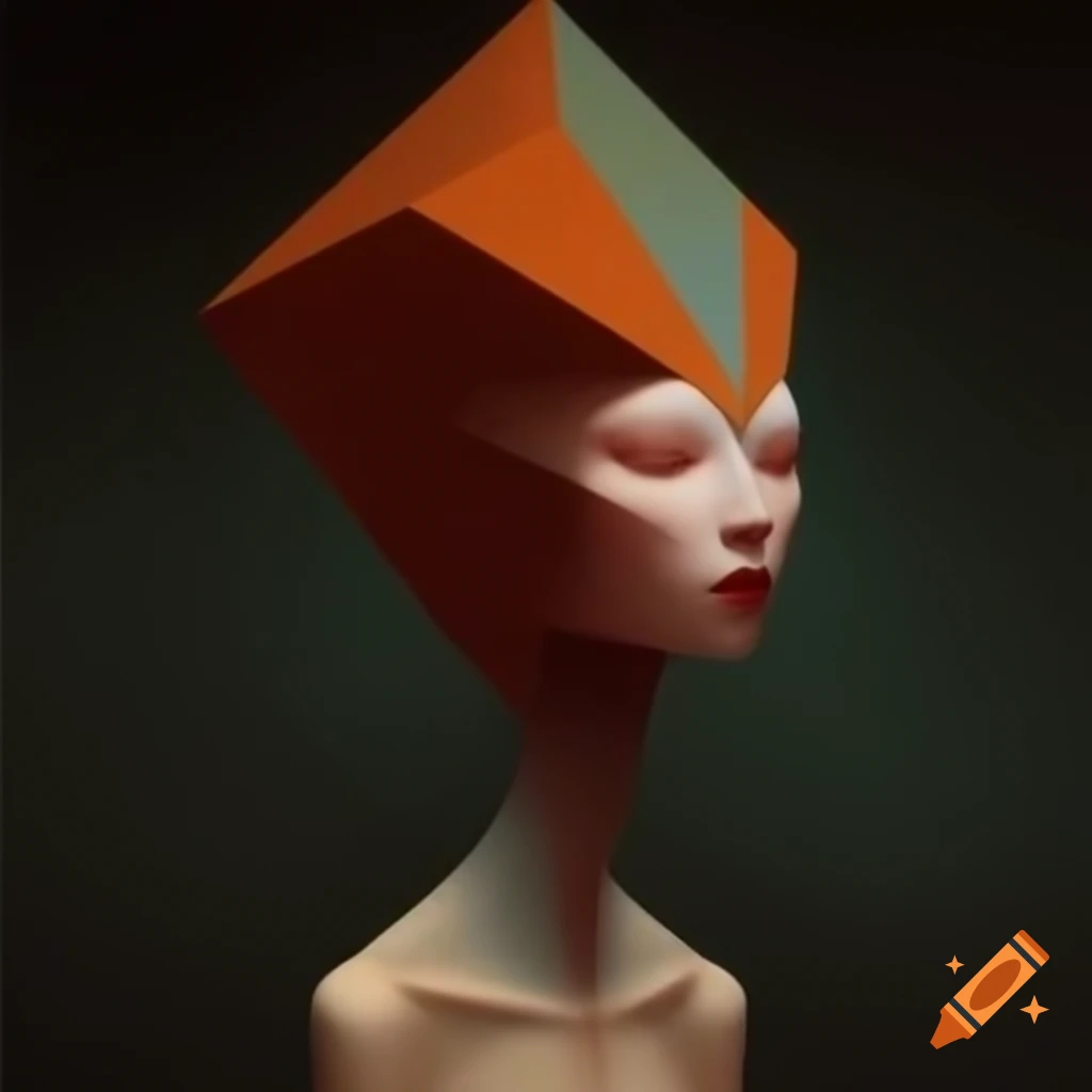 Surreal human with geometric head and smooth forms against simple colors