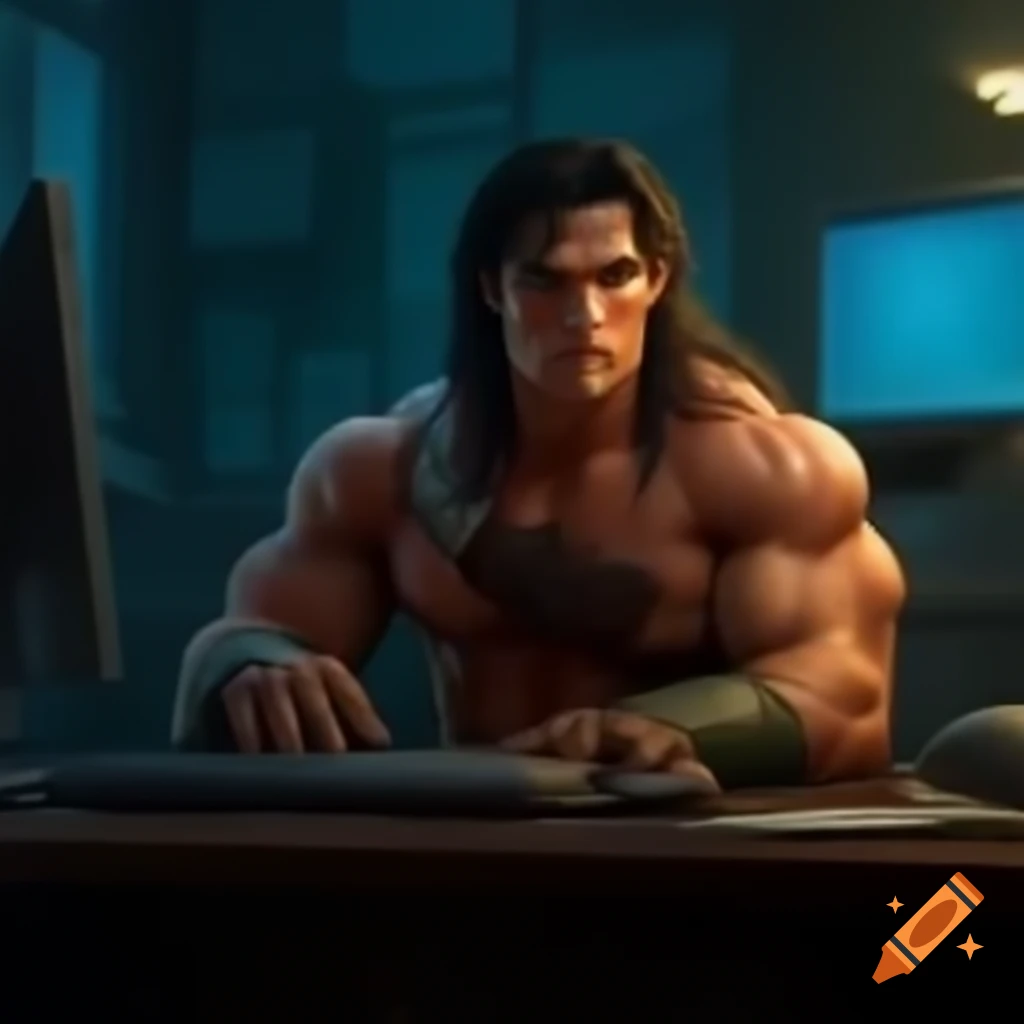 Conan the Barbarian using a computer at a desk