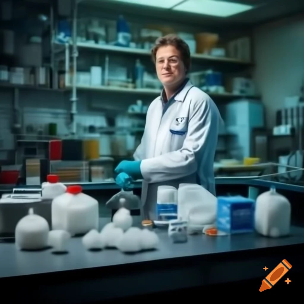 Person in lab cooking crystals with Netherlands flag and scattered crystal bags