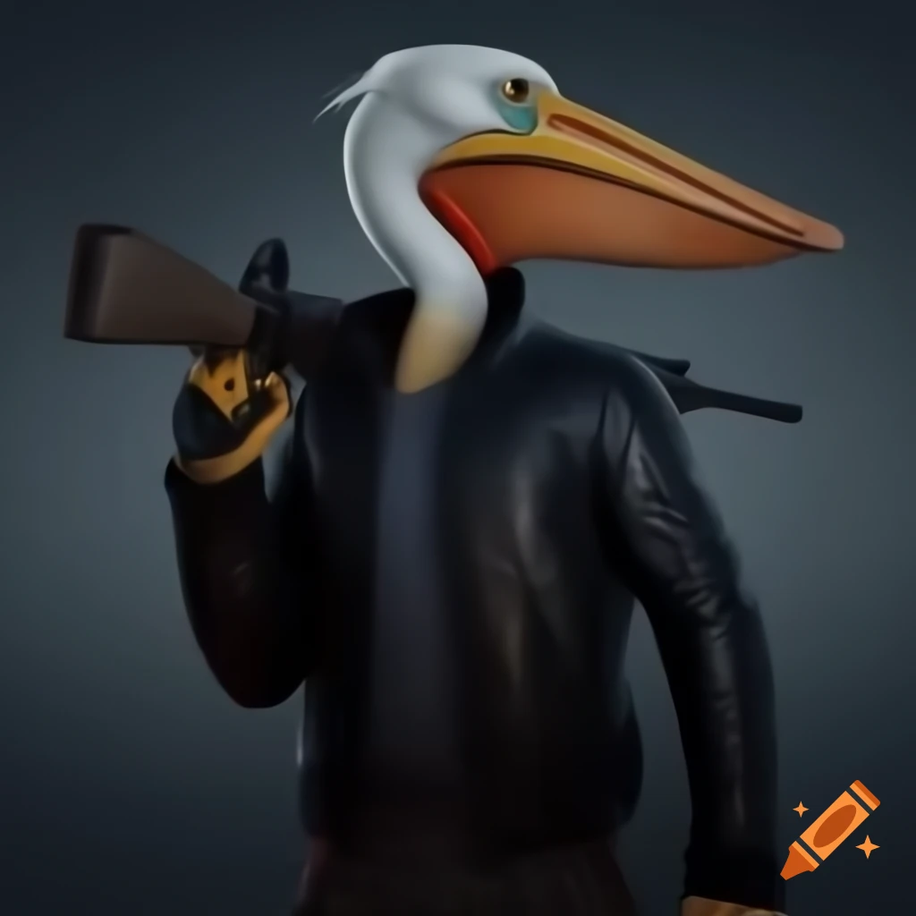 Pelican wearing black leather jacket holding a shotgun