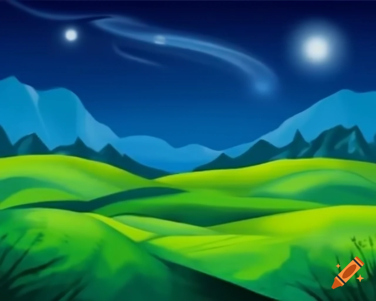 Impressionist painting of green rolling hills under starry night sky with mountains