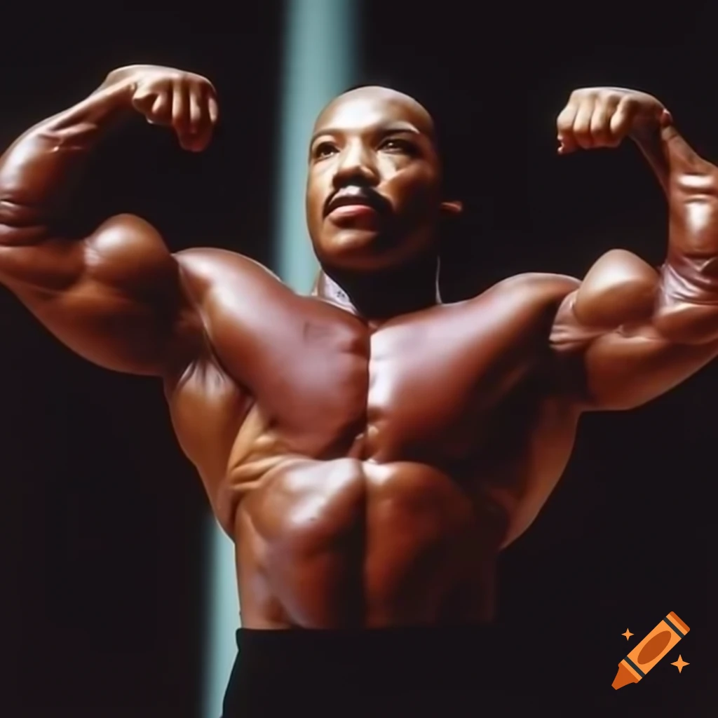 Stylized depiction of Martin Luther King with exaggerated muscular physique