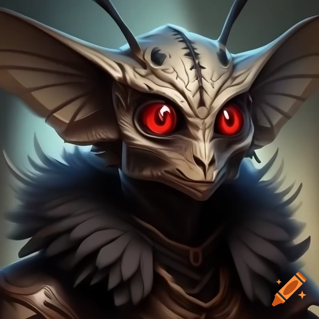 Mothman cryptid character with red eyes and feather antennas in full figure