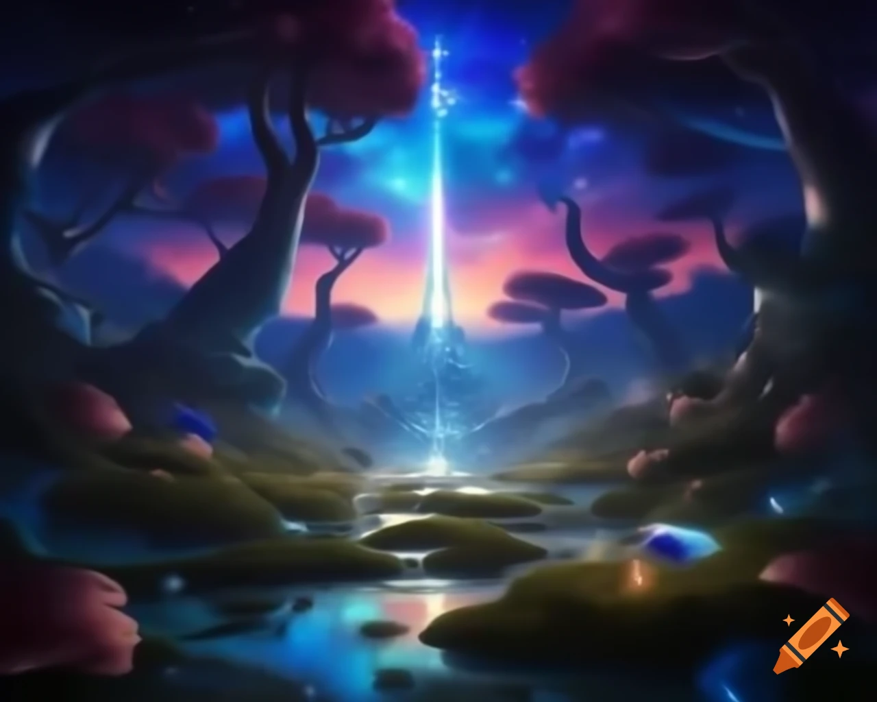 Mystical forest with mythical creatures and vibrant trees