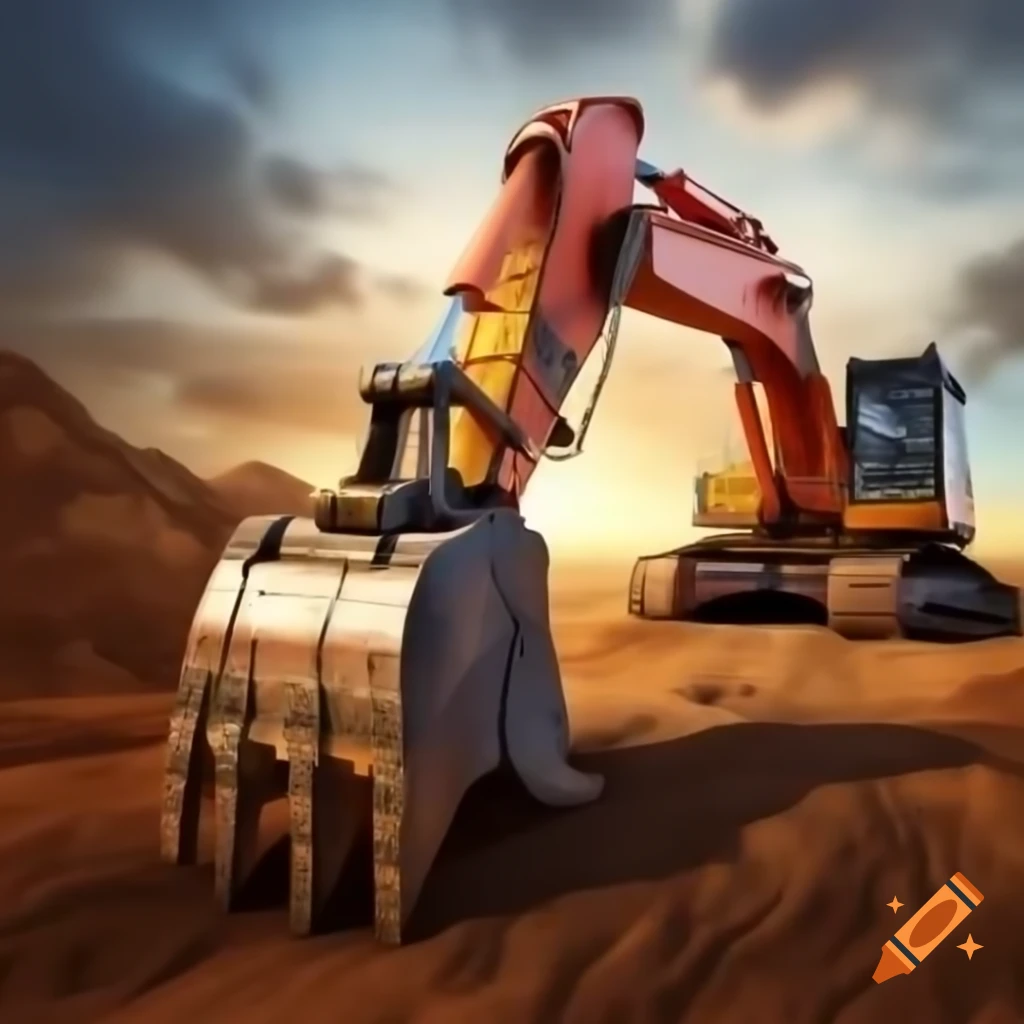 Mixed media artwork of an orange excavator in a fantasy style