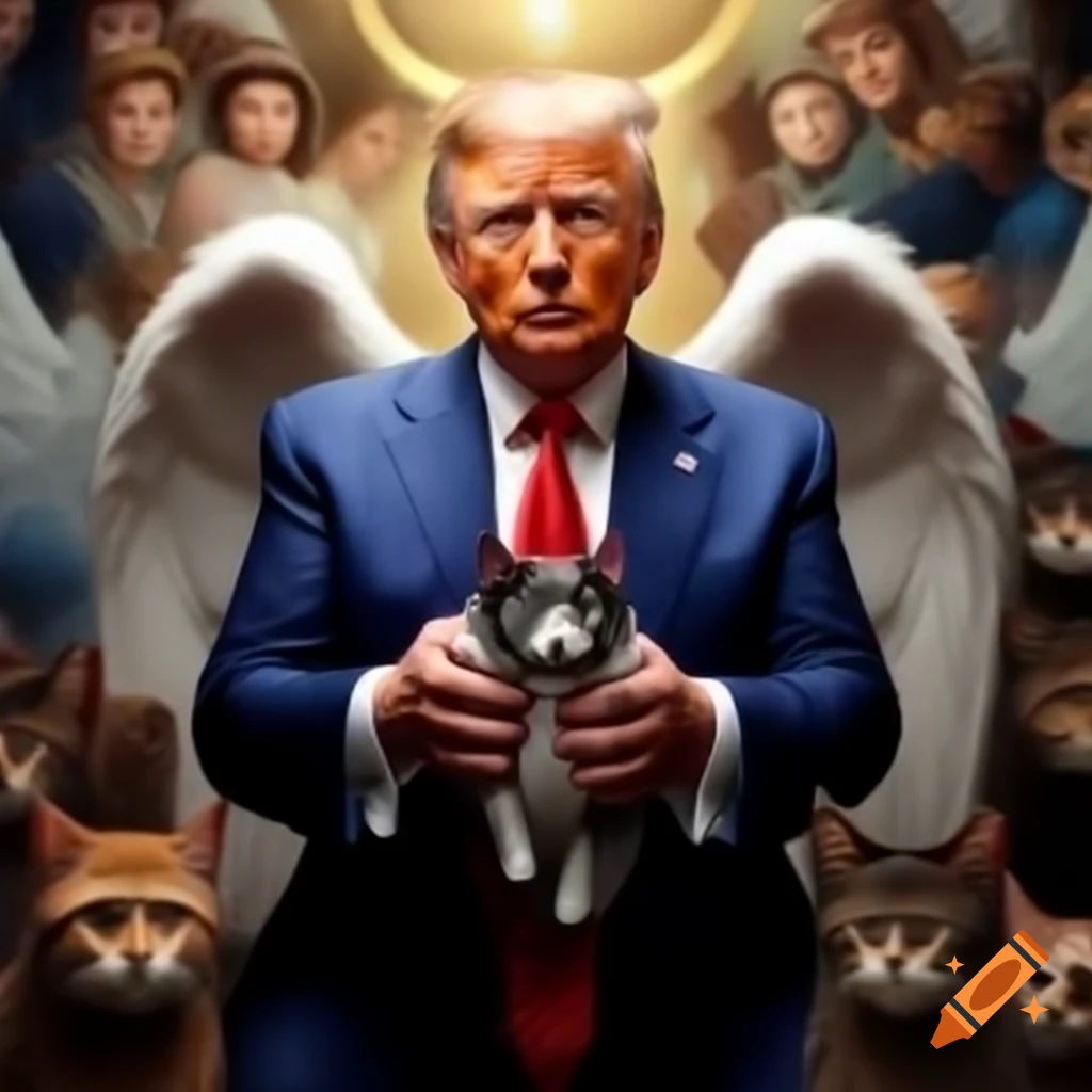 Surreal depiction of a figure with angel wings protecting a cat in a chaotic scene