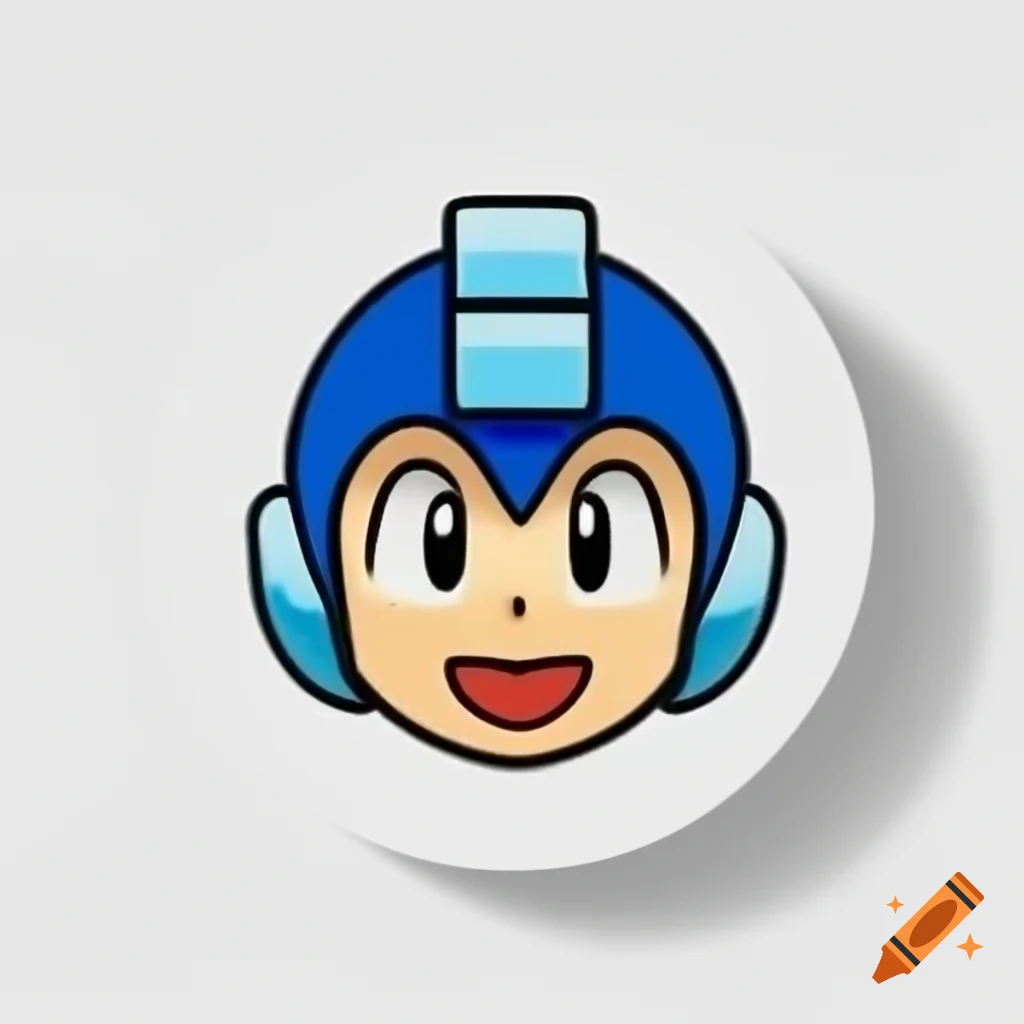 Cartoonish emoji-style Mega Man smiling on white background