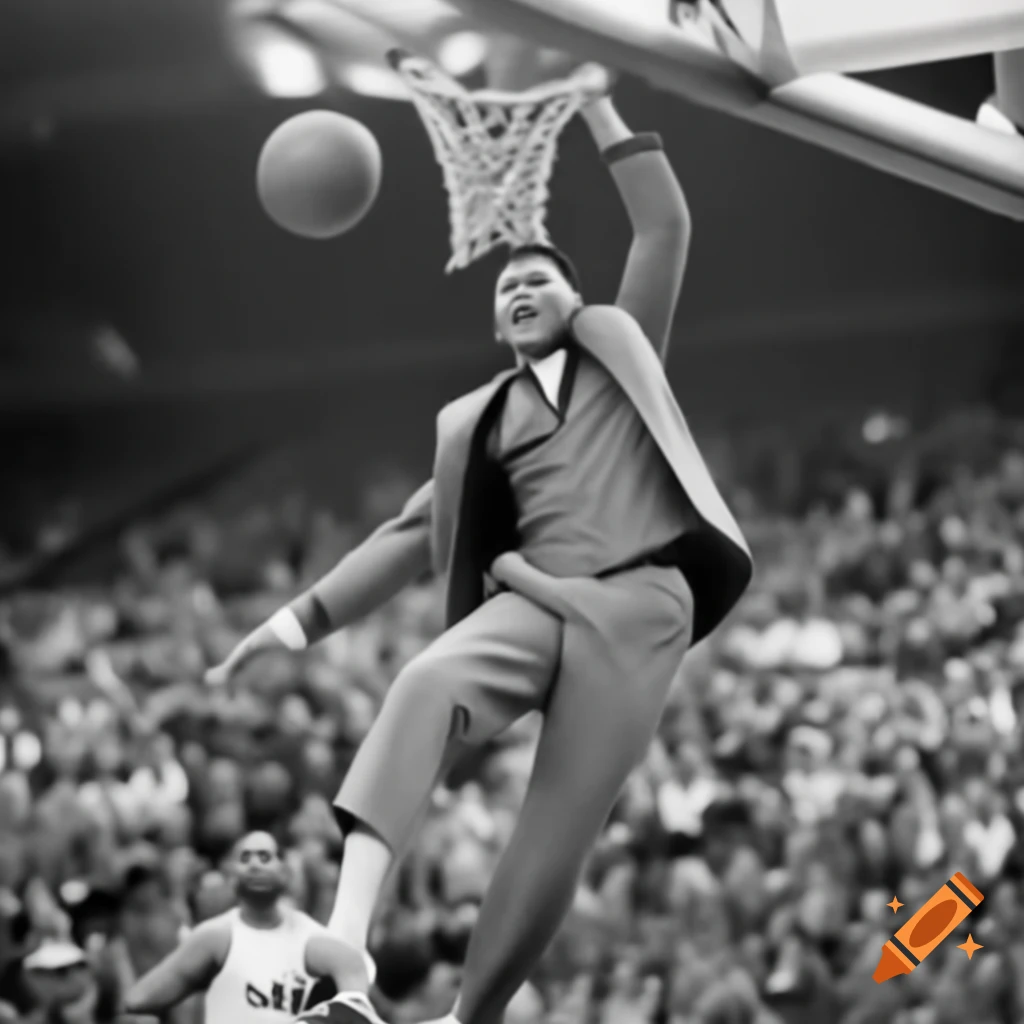 Caucasian pastor in suit performing slam dunk at park basketball game