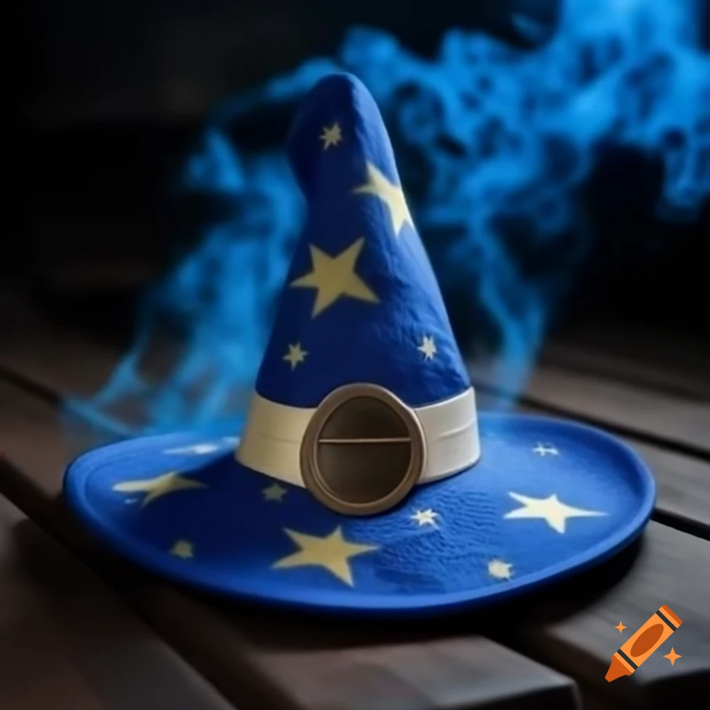 Realistic old wizard hat with stars and blue smoke, featuring a white banderoll labeled OmtellO