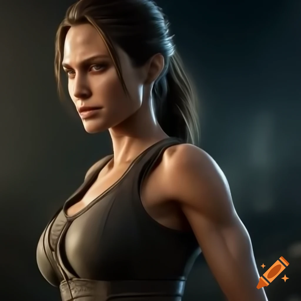 Portrait of Angelina Jolie as Lara Croft highlighting athletic physique