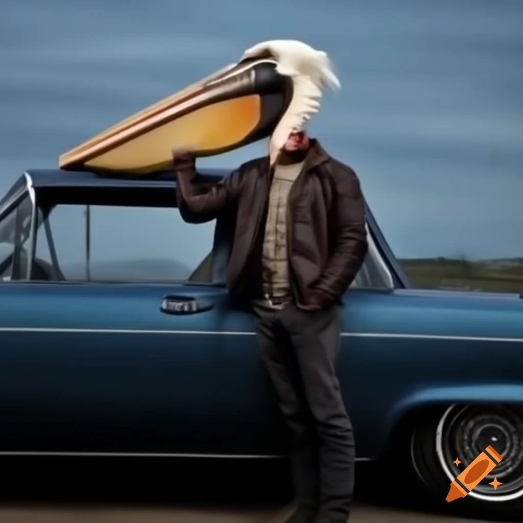 Man in leather jacket with pelican head holding Winchester near old Mazda car