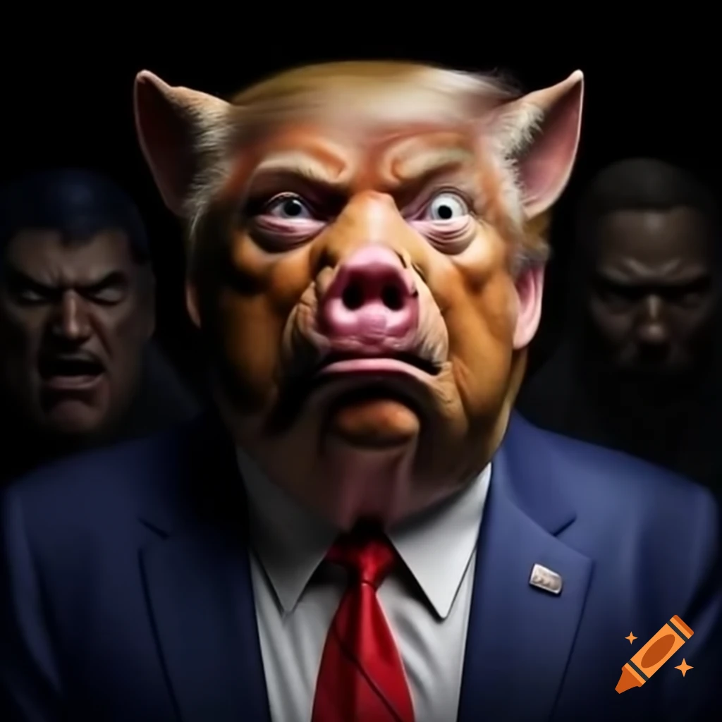 Satirical photorealistic image of a frightened man being chased by a pig