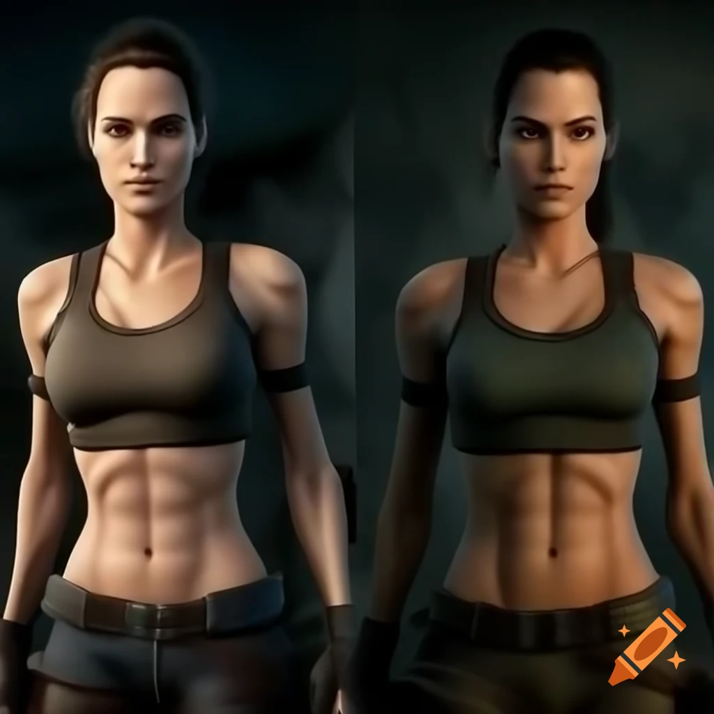 Portrait of Angelina Jolie as Lara Croft highlighting athletic physique