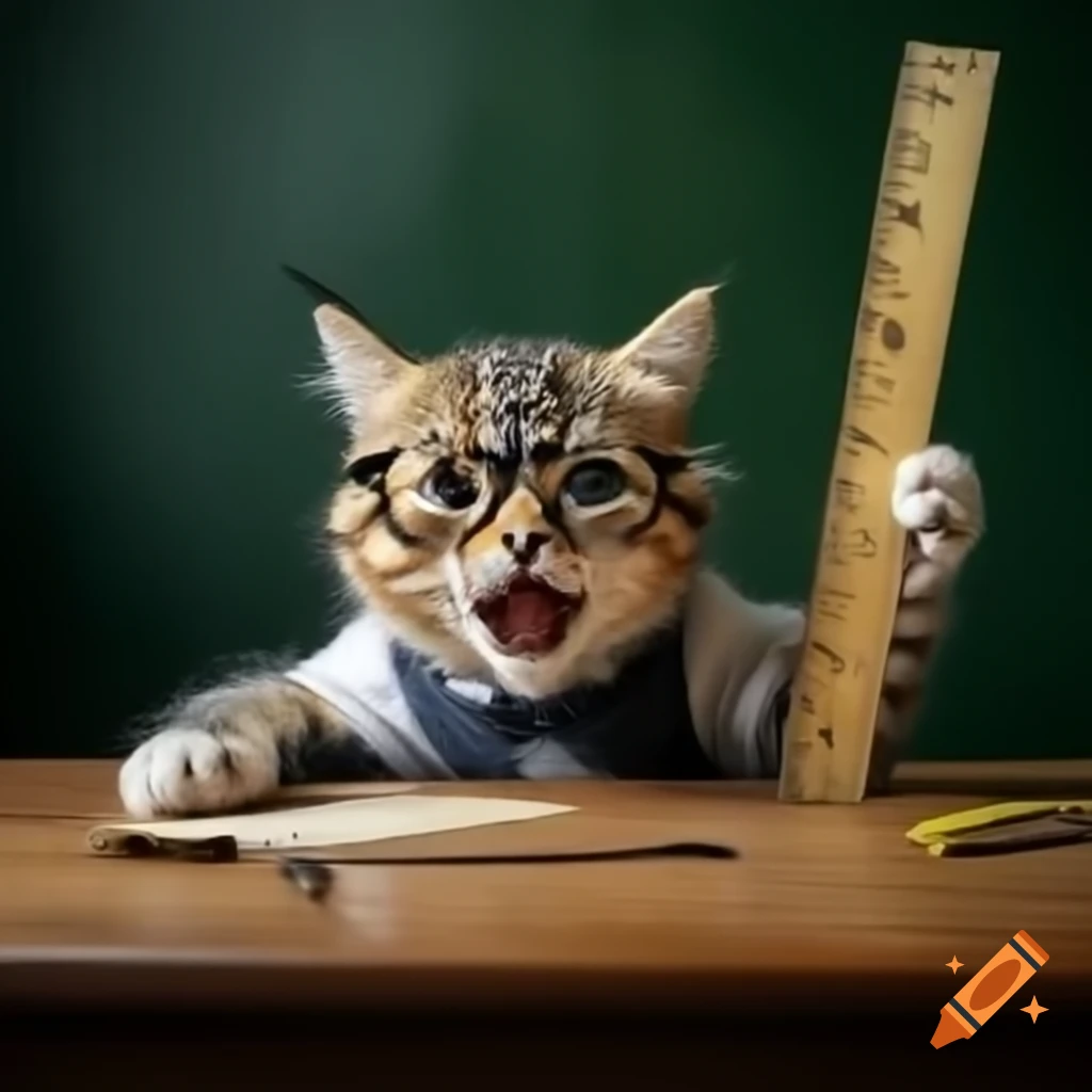 Angry kitten teacher with glasses holding a ruler