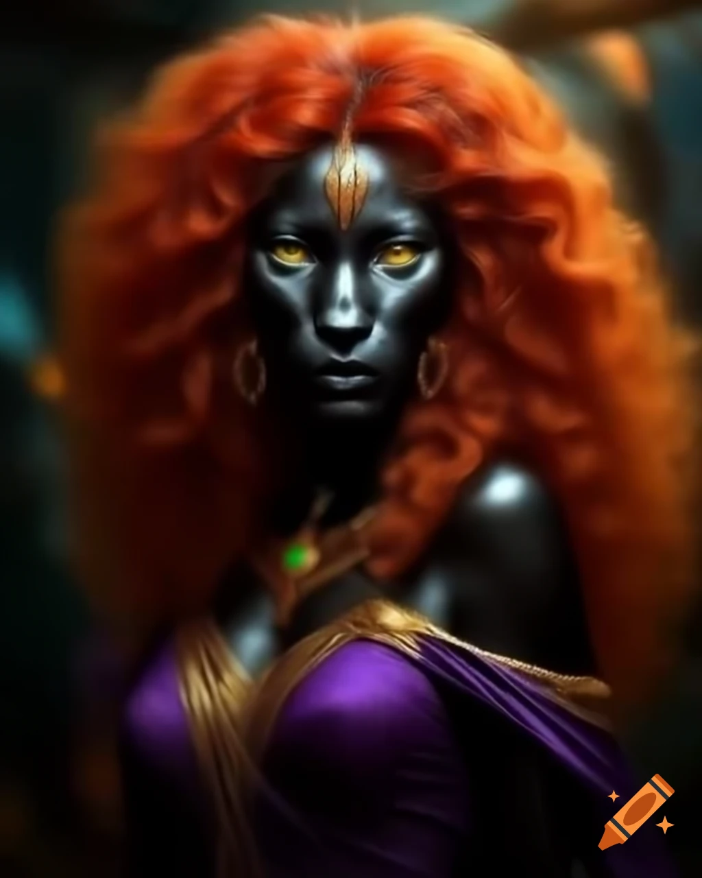 Humanoid black lioness goddess with red and gold curly hair, purple gown, and amber green eyes