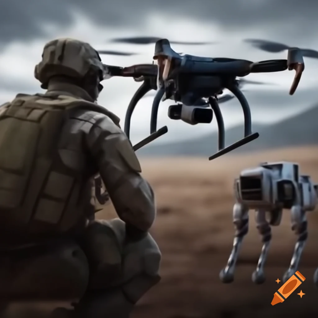 Soldier operating drone with robotic military dog
