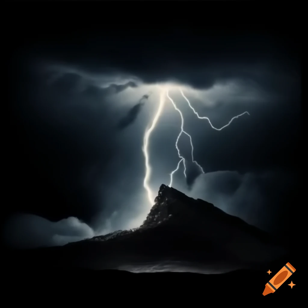 Thunderbolt striking mountain in dark vintage style