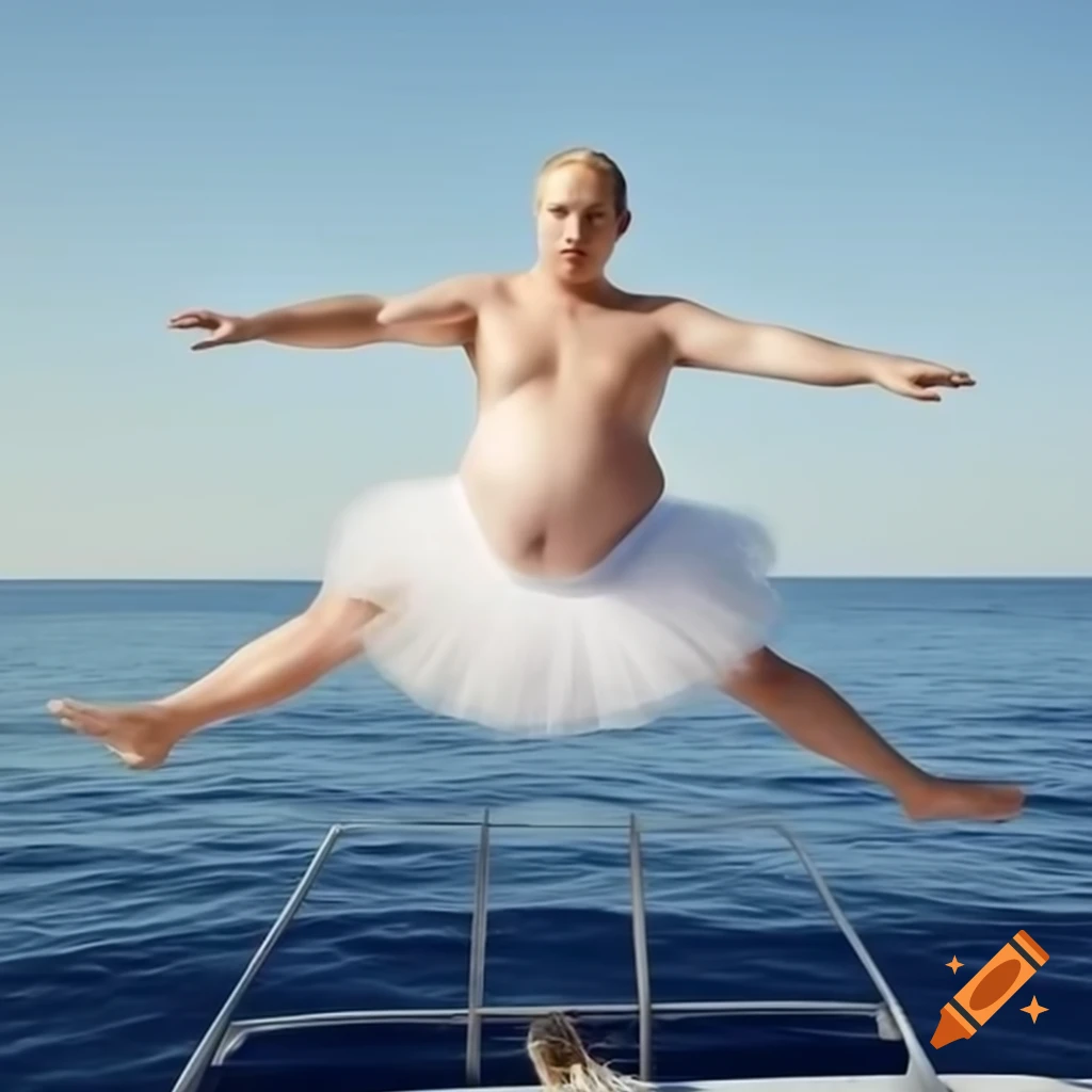 Comical portrait of adult man in tutu on yacht, performing jumping jacks
