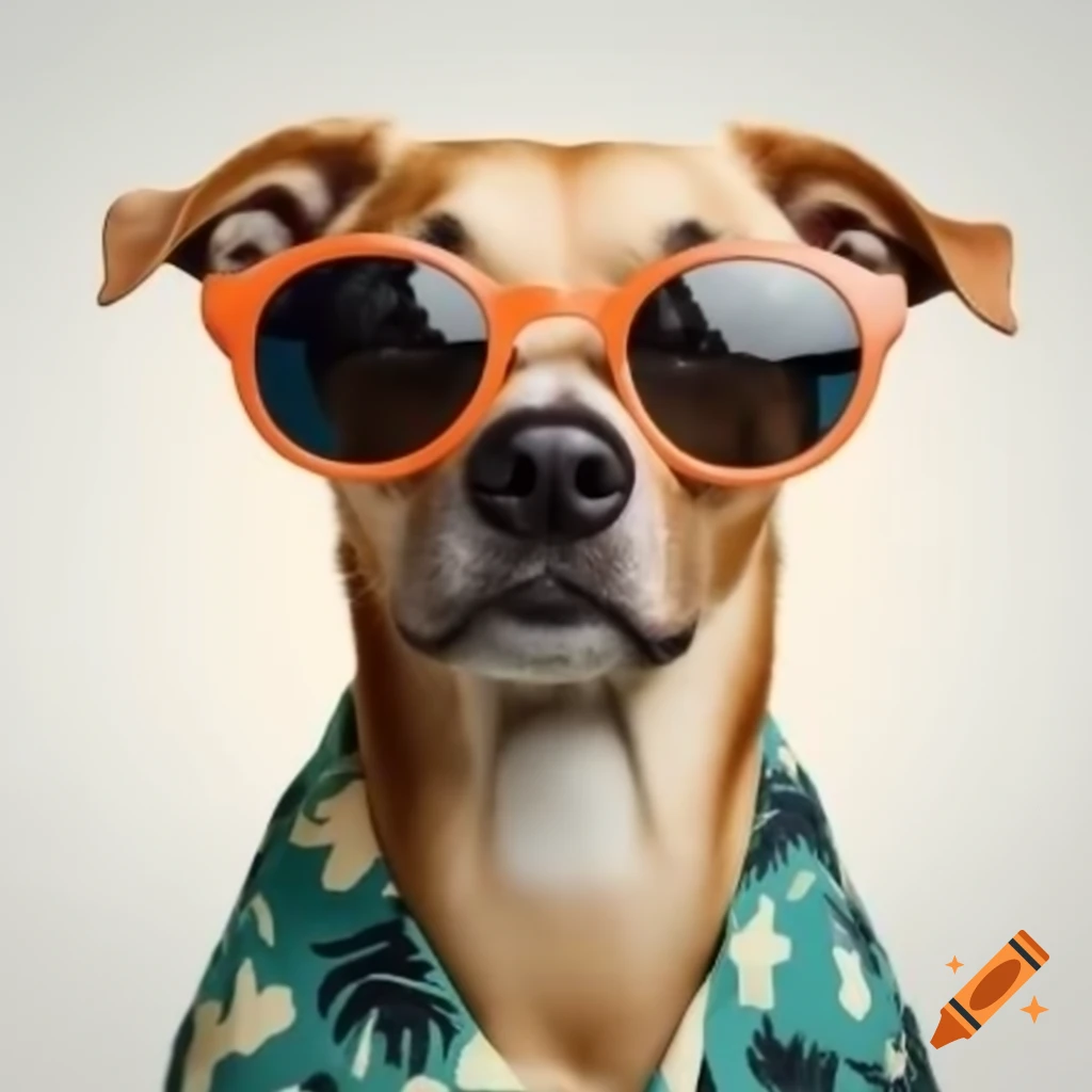 Dog wearing sunglasses and Hawaiian shirt