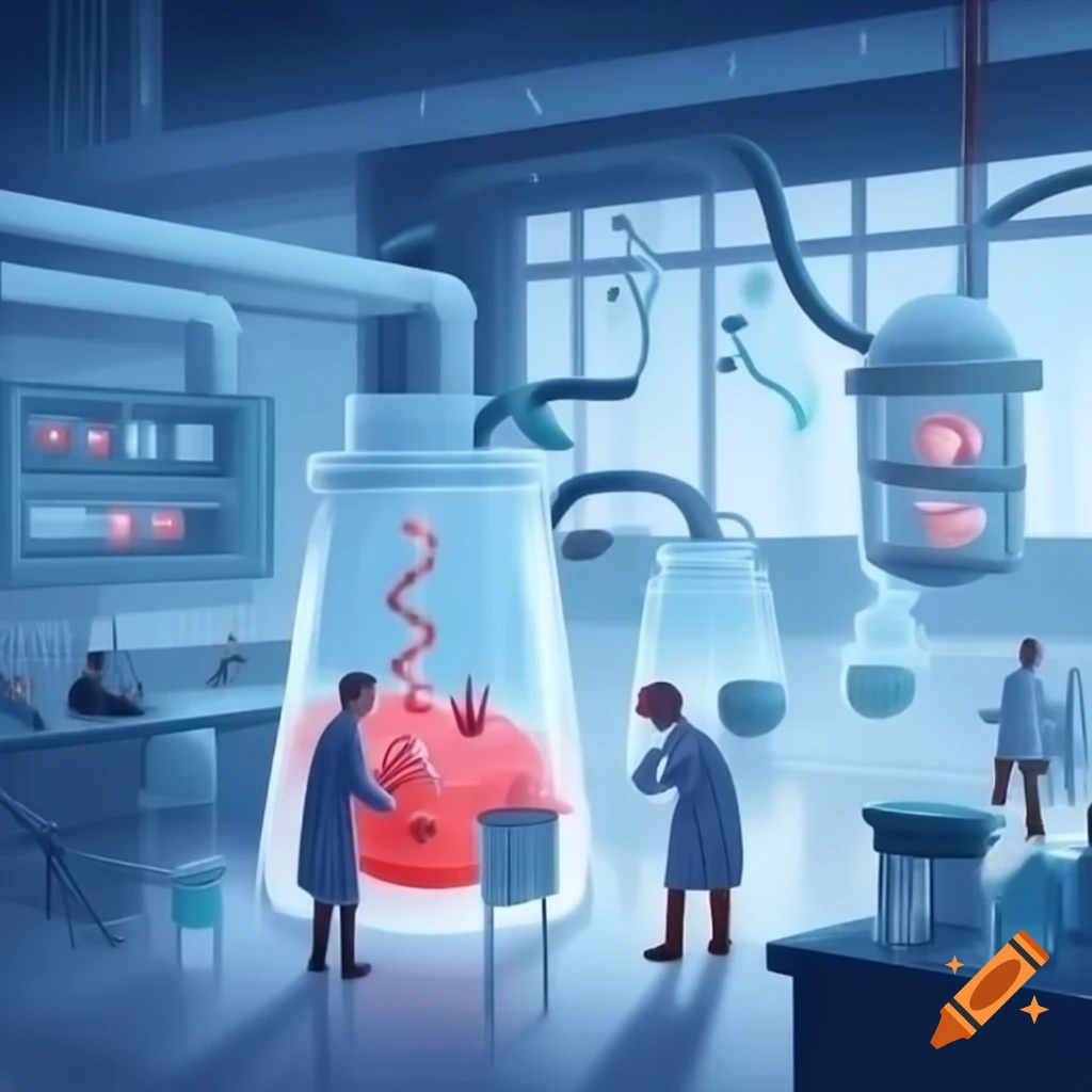 Researchers in pathology lab with DNA and cells in background