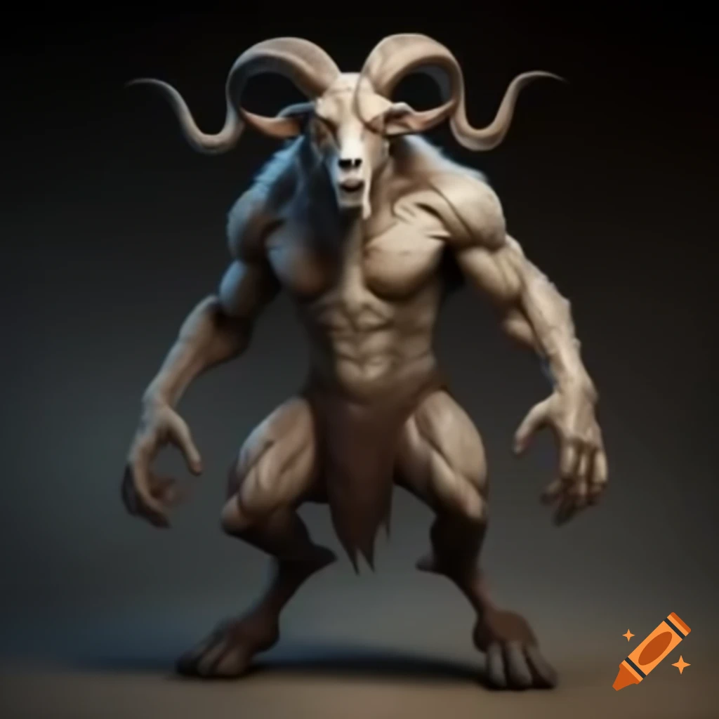 Muscular goat-headed demon with large horns and blue short jeans