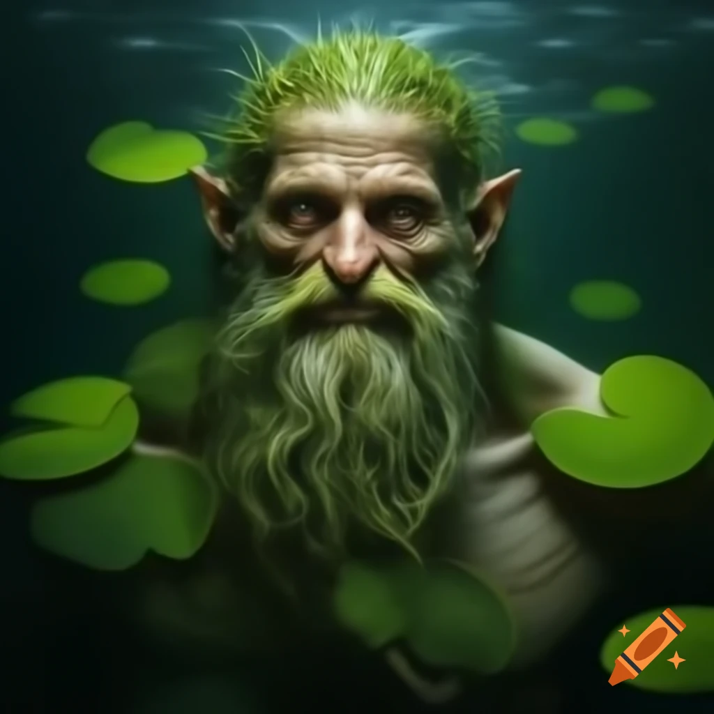 Aquarius, mythical Slavic water spirit depicted as old man with green skin and algae hair