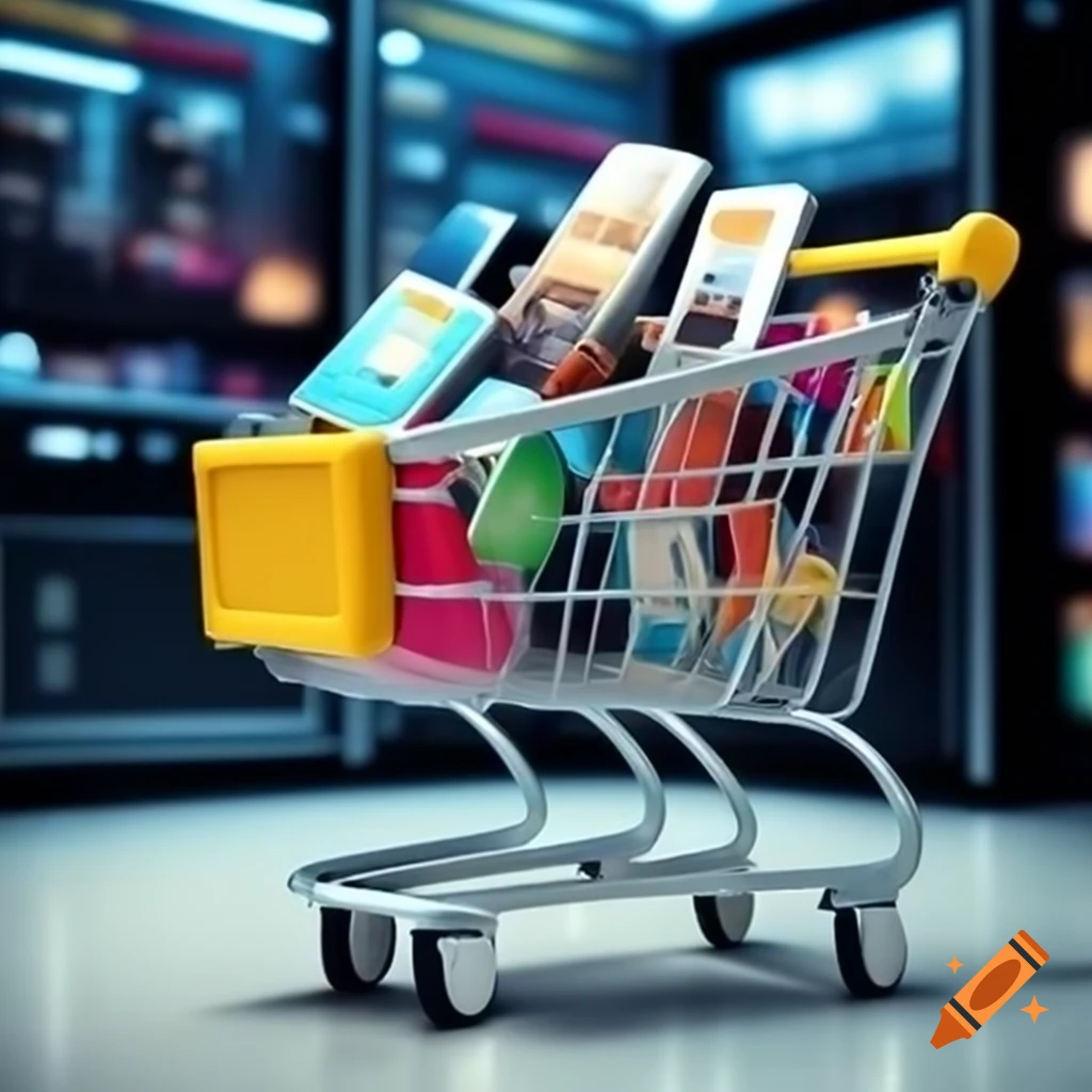Vibrant shopping cart filled with sale banners and electronic gadgets like smartphones and tablets