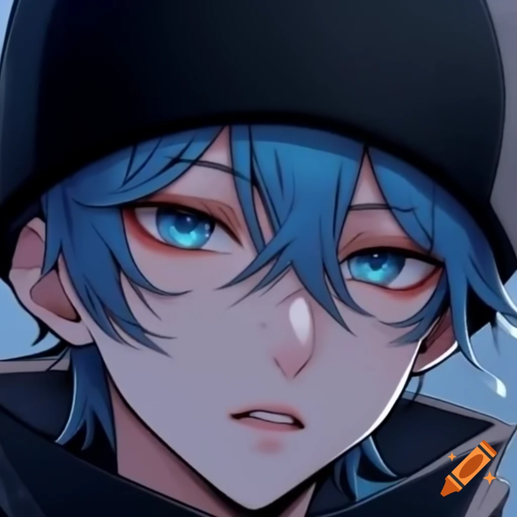 Anime character with dark blue hair and grey eyes wearing a beanie and eye bandage