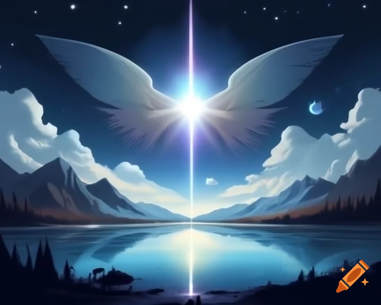 Celestial being with iridescent wings gliding over mountains and clear lake