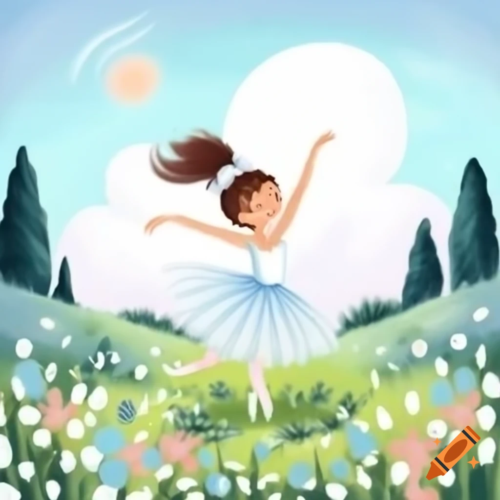 Ballet dancer performing in a meadow with pastel colors