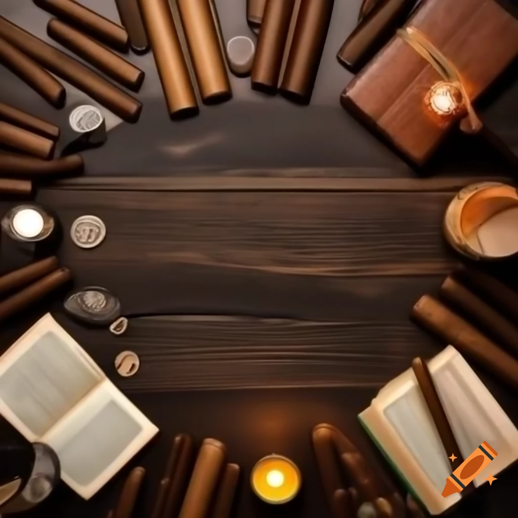 Old school items on wooden table top including books, cigars, candles, and coins