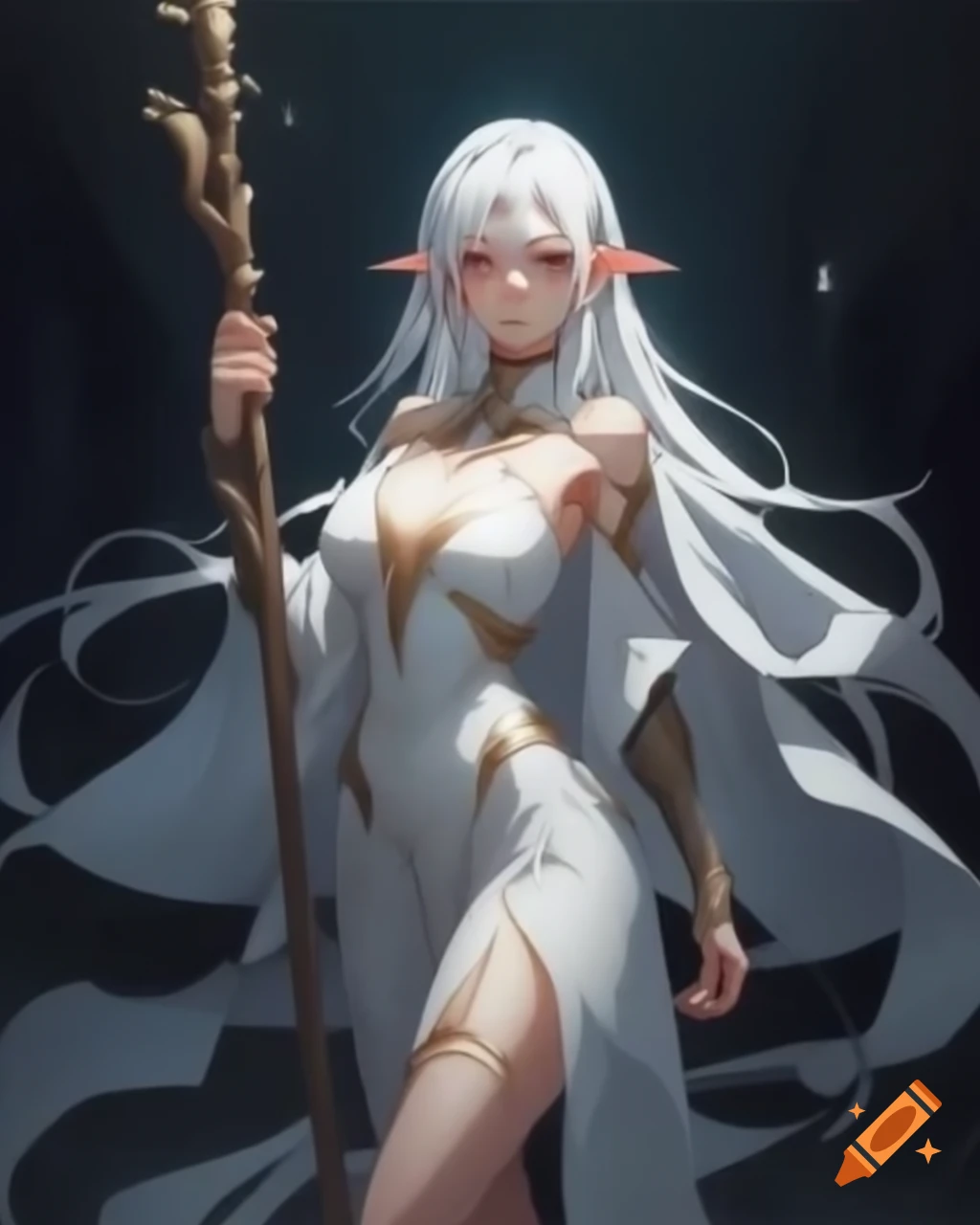 Detailed concept art of an elf woman in cleric robes holding a staff