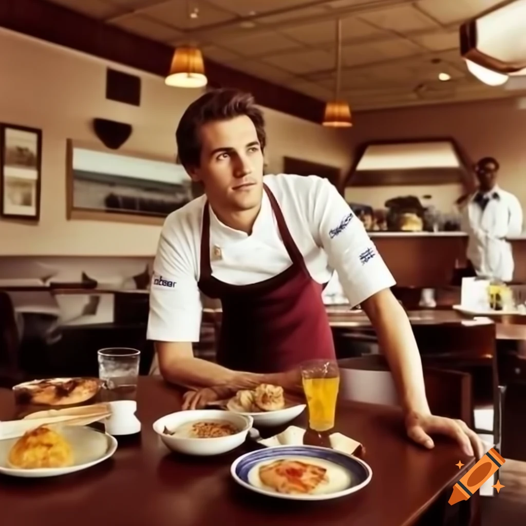 70-year-old male chef serving breakfast eggs in a restaurant