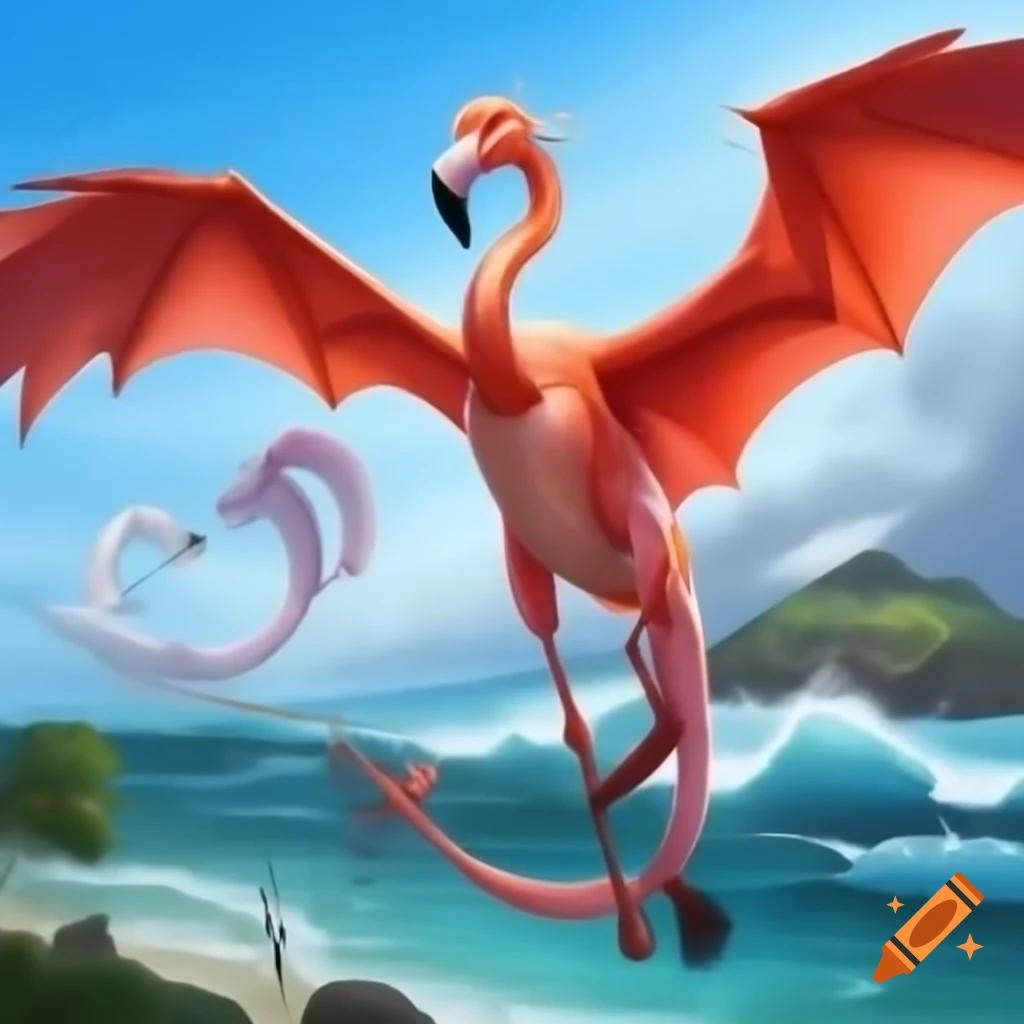 Majestic flamingo dragon with black beak flying over beach with dragon heads in thunderclouds