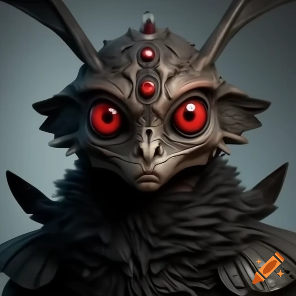 Highly detailed mothman cryptid character with red eyes and feather-shaped antennas