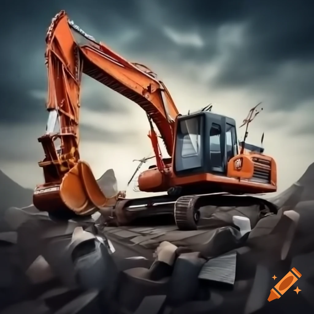 Mixed media artwork of an orange excavator in a fantasy style
