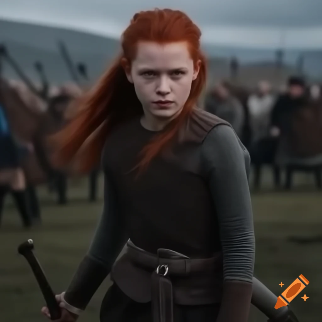 Young woman with red hair holding a Viking sword on a battlefield