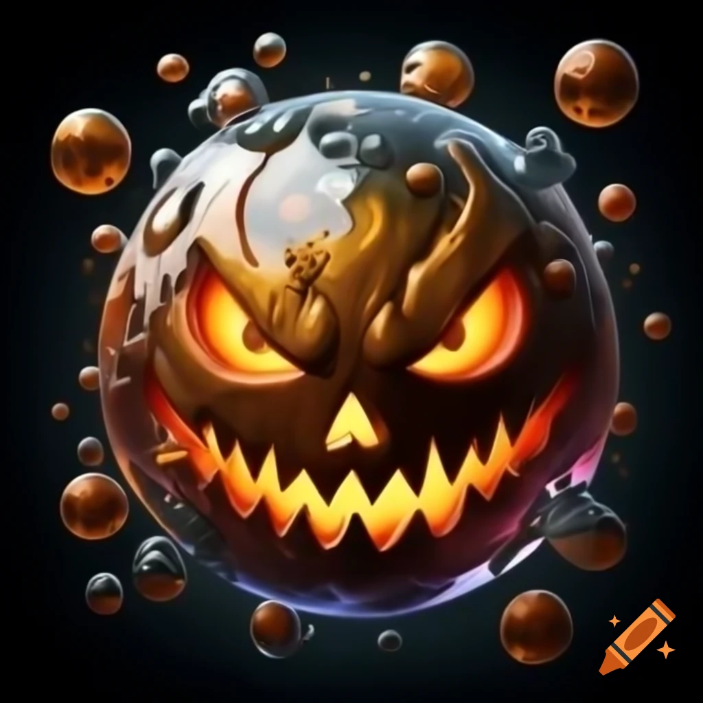 Hyper realistic crude oil-colored bubble monster with glowing eyes and Jack O' Lantern mouth