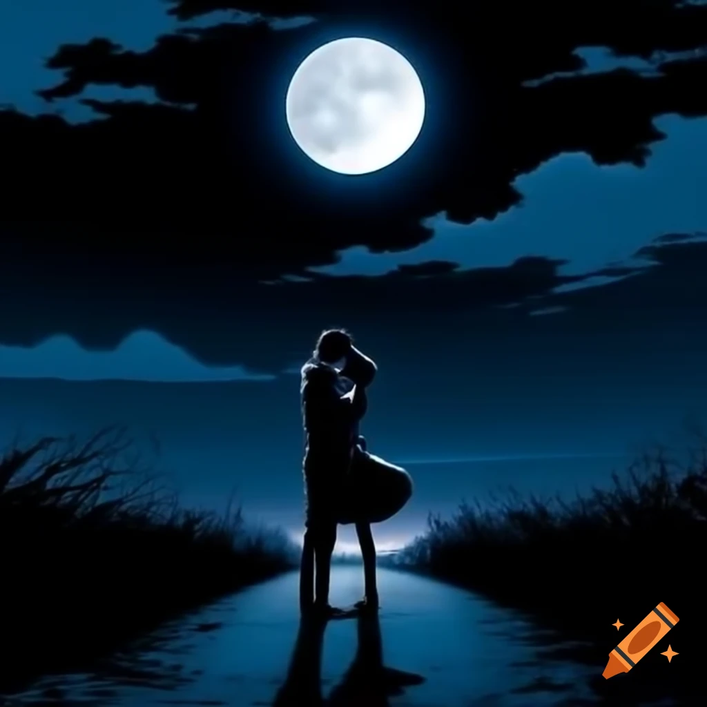 Couple's shadow embracing on pathway under full moon
