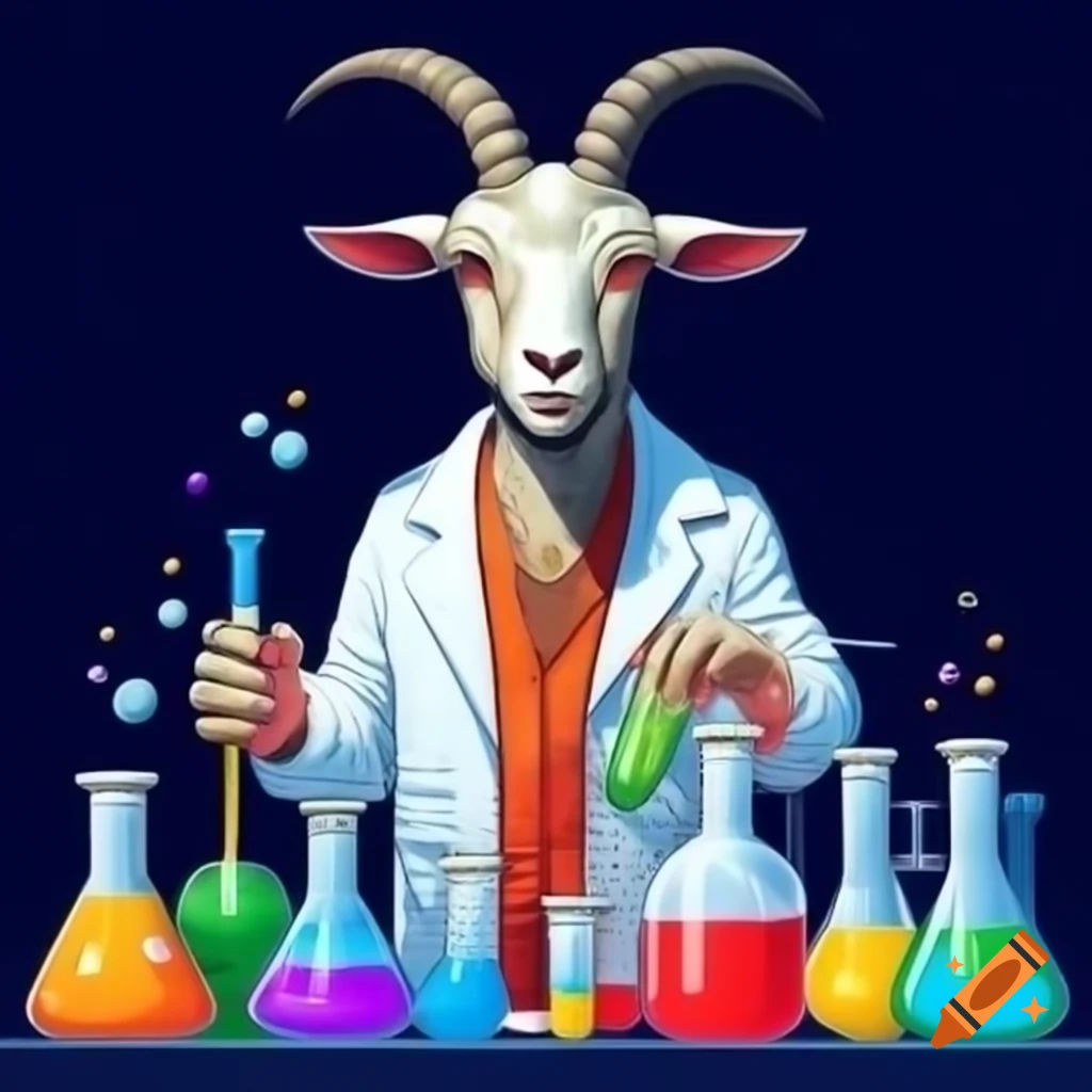 Cartoon of goat-headed human in lab coat mixing colorful liquids